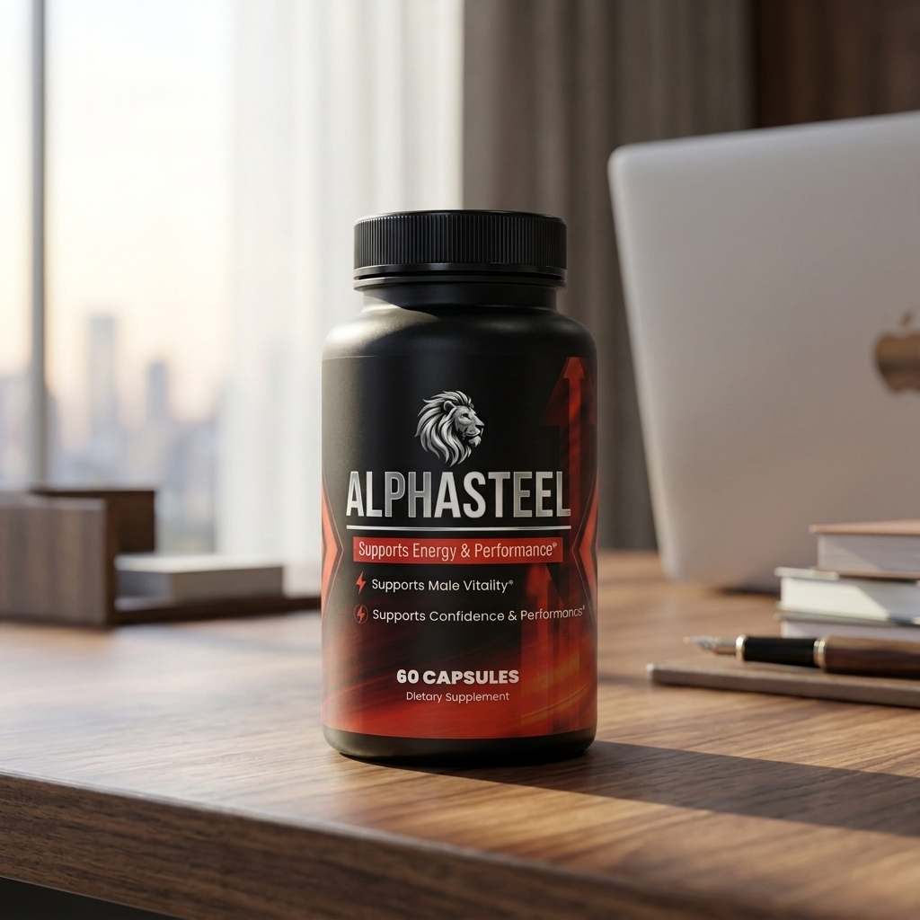 AlphaSteel men's energy and vitality supplement bottle