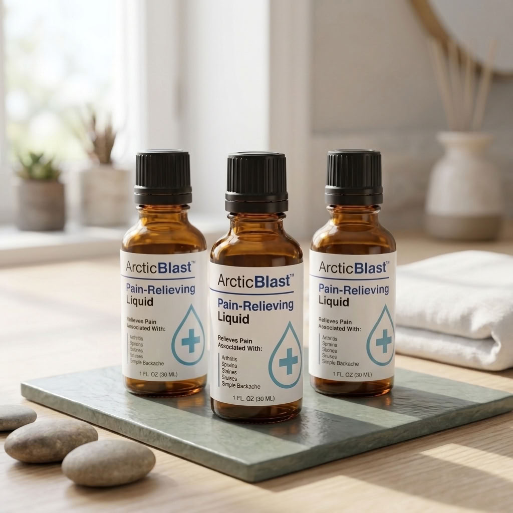 Bottles of Arctic Blast cooling topical liquid
