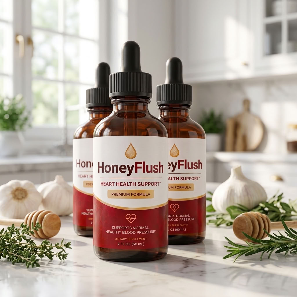 Bottles of HoneyFlush liquid blood pressure and heart health support drops