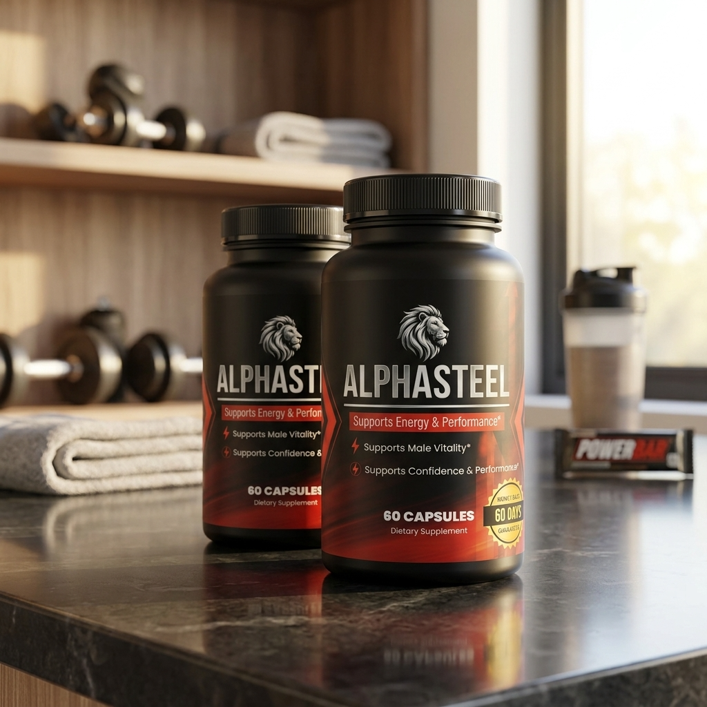 Bottles of AlphaSteel men's energy and vitality capsules