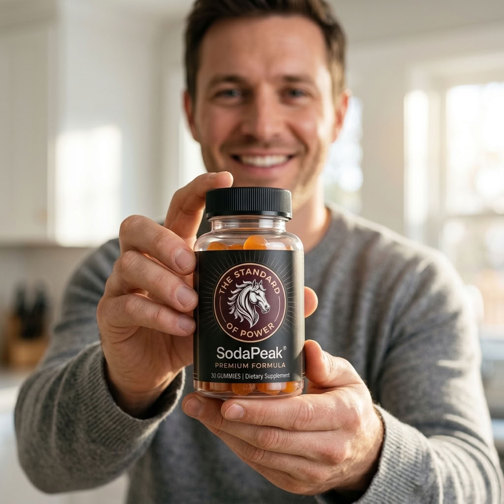 Man holding a bottle of SodaPeak daily energy gummies