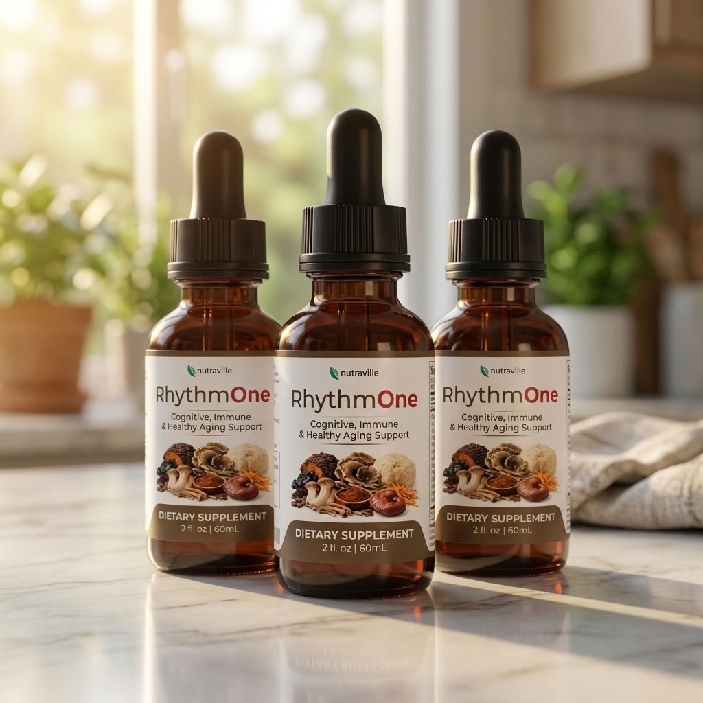 Group of RhythmONE liquid supplement bottles
