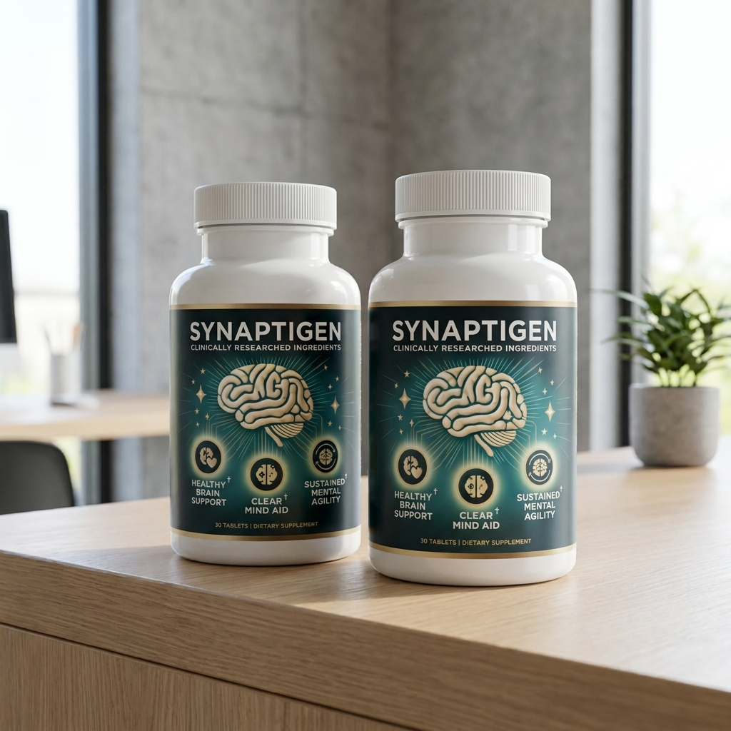 Two bottles of Synaptigen brain health tablets