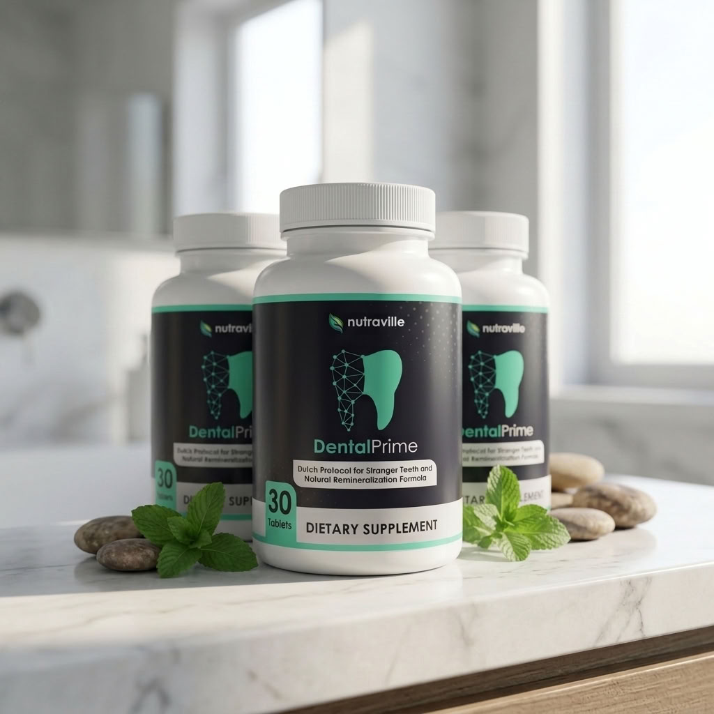 Bottles of DentalPrime teeth and gum support tablets