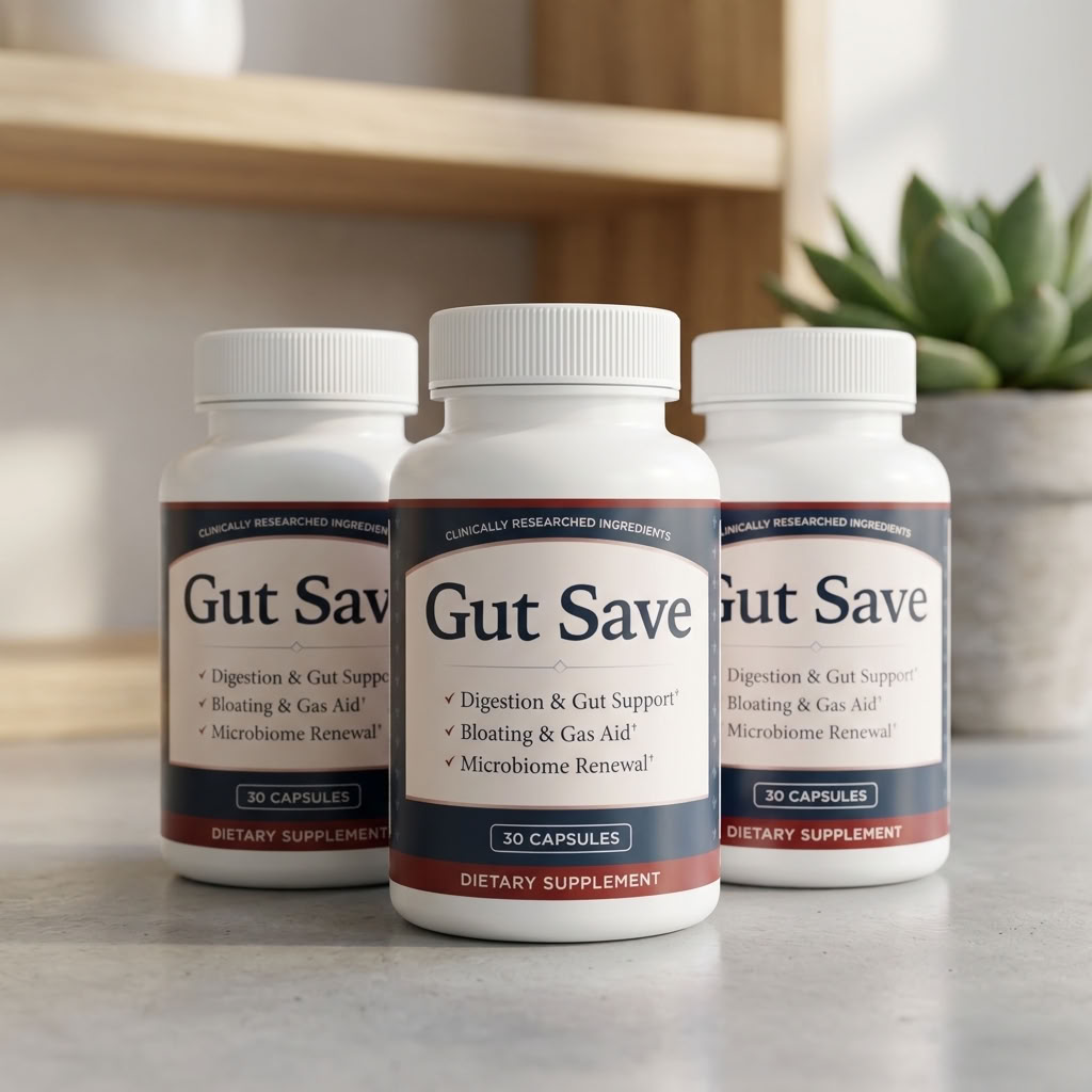 Bottles of Gut Save digestive support capsules